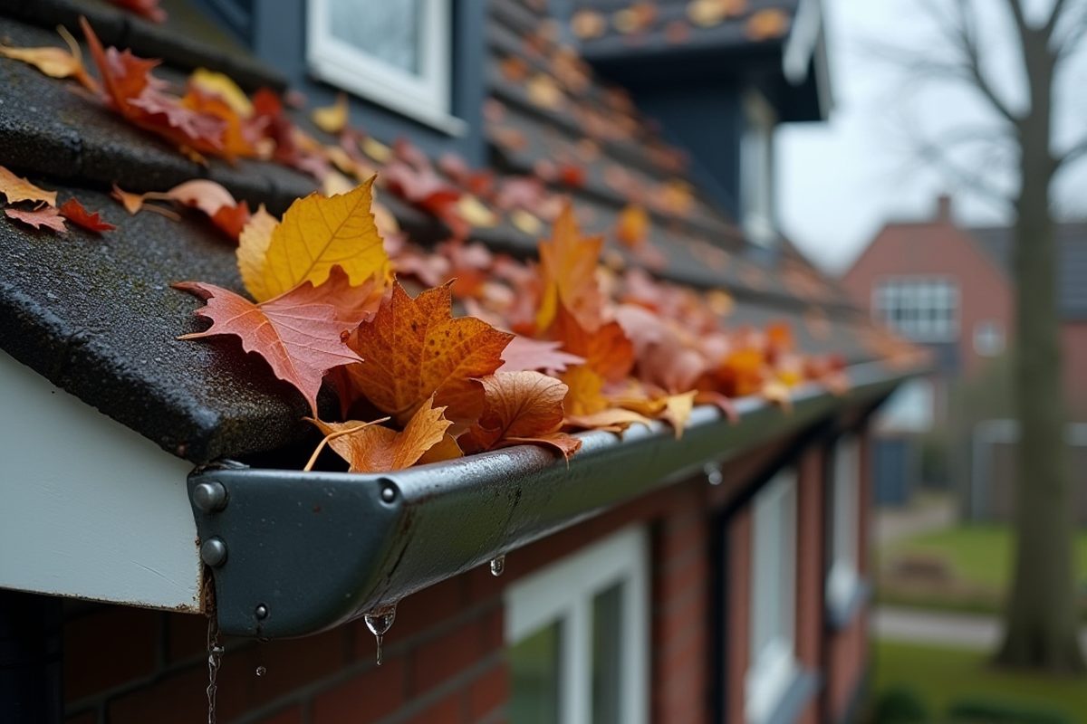 Dakgoot vol herfstbladeren die overloopt langs de gevel