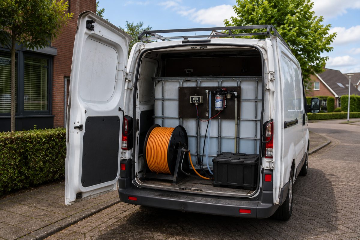 Werkbus met 1000 liter osmosewatertank, pomp en slanghaspel