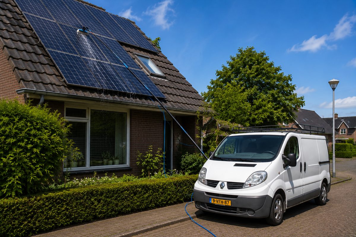 Glazenwasser reinigt zonnepanelen met telescoopsteel en osmosewater vanaf de werkbus